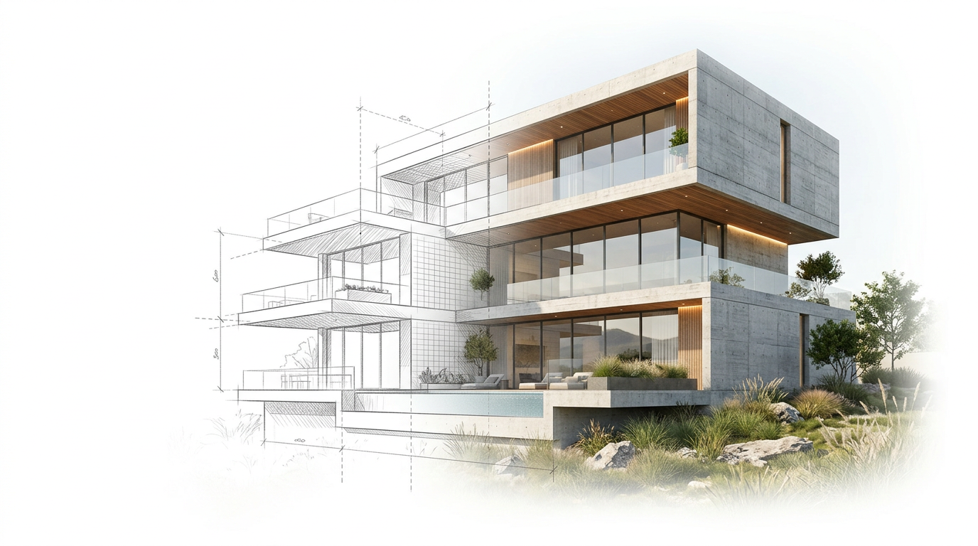 Architekturvisualisierung einer modernen dreigeschossigen Villa mit großen Glasfronten, halb Skizze, halb fertiger Bau