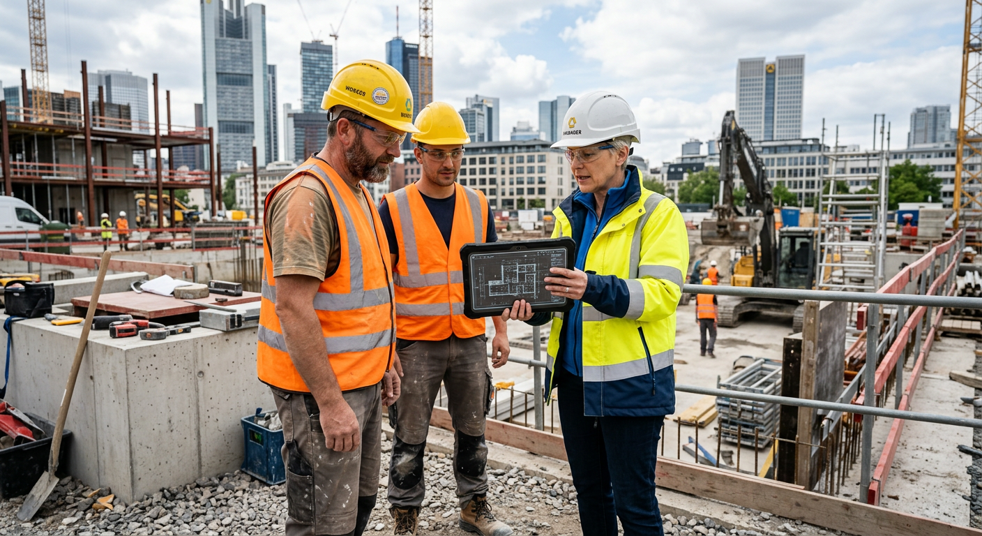 Bauleiter und zwei Facharbeiter der REDZIC GmbH besprechen Baupläne auf der Baustelle